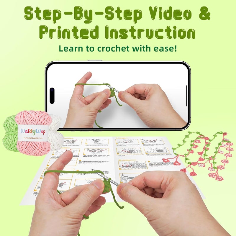 WaldyWop Crochet Kit for Beginners: 4 Flower Bracelets Knitting Kits for Adults Women w/Easy Yarn & Step-by-Step Video Tutorials - Wobbles Crochet Starter Kit for Teens, Birthday Gift for Mom - Image 2